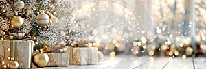 Golden baubles adorn christmas tree with presents, white merry christmas holiday background photo