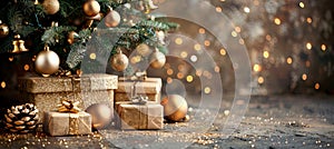 Golden baubles adorn christmas tree with presentsfestive holiday background in beige tones