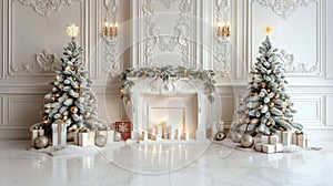 Golden baubles adorned christmas tree with presents on floor, festive white holiday background