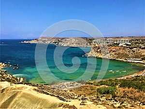 Golden Bay Beach in Malta. Mediterranean sea, water, peace, tourism and summer