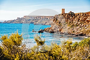 Golden Bay Malta summer tourist resort beach azure water sea, . Concept travel