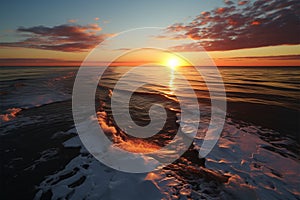 Golden beach sunset, with a mountainous silhouette on the horizon