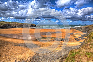 Golden beach at Treyarnon Bay Cornwall England UK north coast between Newquay and Padstow in colourful HDR photo