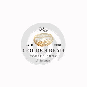 The Golden Bean Abstract Vector Sign, Symbol or Logo Template. Hand Drawn Coffee Bean Sketch Sillhouette with Elegant