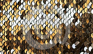 Golden beautiful texture set of round sequins sewn on fabr photo