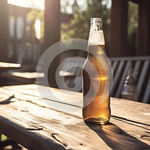 Golden beer in bottle on a wooden table against the backdrop of trees and the breaking sun on a holiday day. Generative