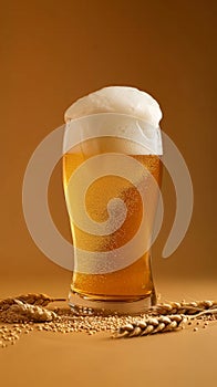 Golden beer and frothy head in a clear glass, with scattered barley grains on an amber background