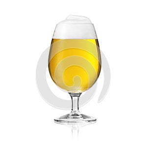 Golden beer glass pilsner beer tulip with foam crown and dew condensing water drops