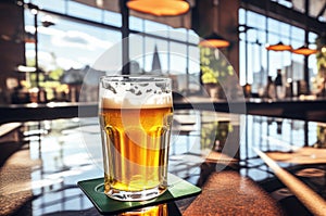 Golden Beer Glass on Pub Table
