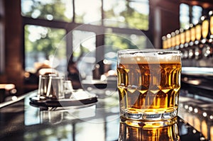 Golden Beer Glass on Pub Table