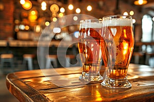 Golden Beer Glasses on Wooden Table