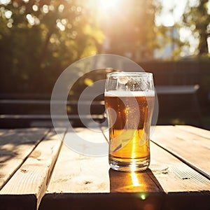 Golden beer on a wooden table against the backdrop of trees and the breaking sun on a holiday day. Generative ai