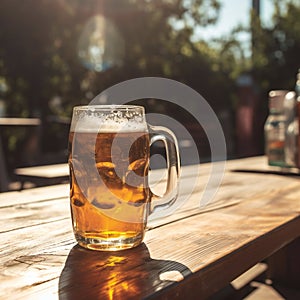 Golden beer on a wooden table against the backdrop of trees and the breaking sun on a holiday day. Generative ai