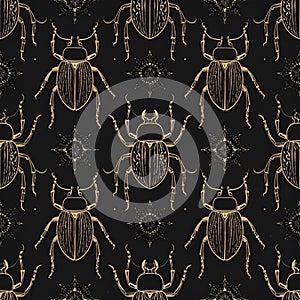 Golden Beetle Pattern on Black Background