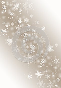 Golden beige snow background blue. Christmas snowfall with defocused flakes. Winter concept with falling snow. Holiday texture and