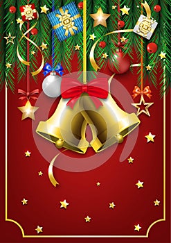 Golden bell happy newyear and merry christmas greeting card.
