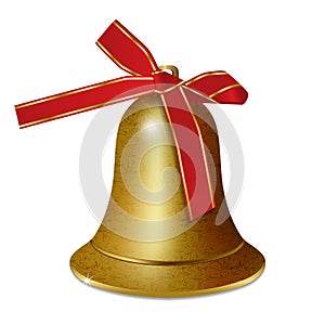 Golden bell with red ribbon bow isolated on white background. Christmas and New year decoration. Vector