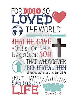Golden Bible verse John 3 16 For God so loved the world, made hand lettering with heart and cross. photo