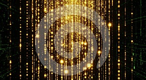 Golden binary code streams cascade vertically on a dark background with a digit