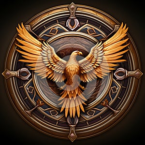 a golden bird with wings in the center of a circular emblem