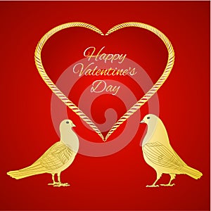 Golden birds Pigeons and heart valentines place for text red background vintage vector illustration editable