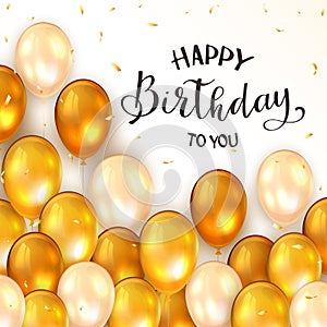 Golden Birthday Balloons and Confetti on White Background