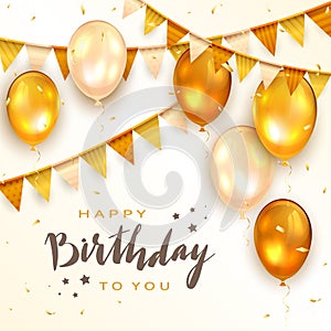 Golden Birthday Balloons and Pennants on White Background