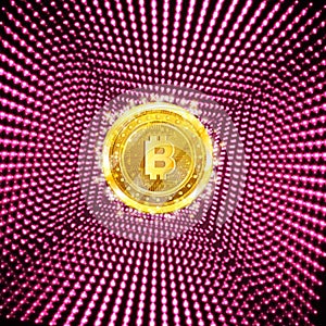 Golden bit coin in the center of purple square tunnel from shiny dots