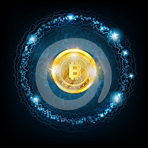 Golden bit coin in the center of round sphere with binary code on blue background