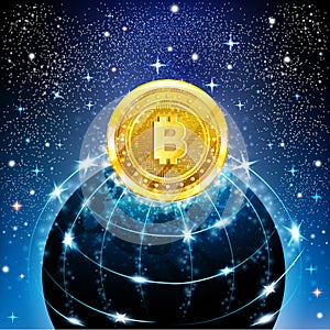 Golden bit coin with Earth in space in starry sky background