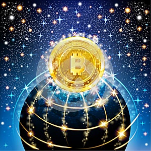 Golden bit coin with Earth in space in starry sky background