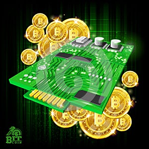 Golden bit coins with micro chip on green background