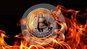 Golden Bitcoin against a background of fiery flames.