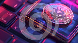 Golden bitcoin on the background of the computer keyboard. 3D rendering.