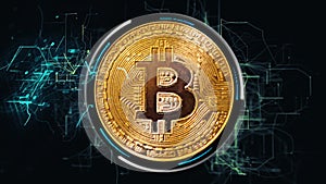 Golden bitcoin on a black cosmic background, computer graphics