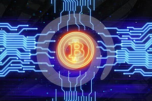 Golden bitcoin at blue circuit board background