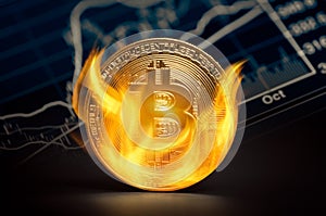 Golden bitcoin burning in flames photo