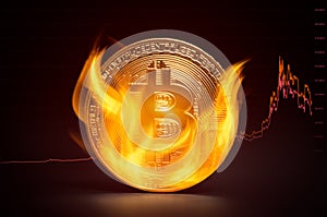 Golden bitcoin burning in flames photo