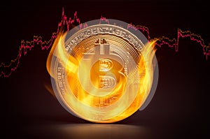 Golden bitcoin burning in flames photo