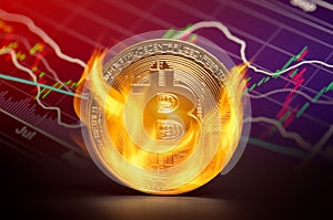 Golden bitcoin burning in flames photo