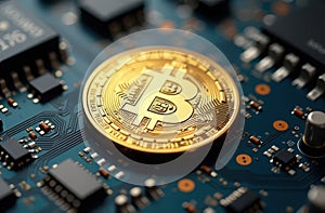 Golden bitcoin on the circuit board. Cryptocurrency mining concept. photo