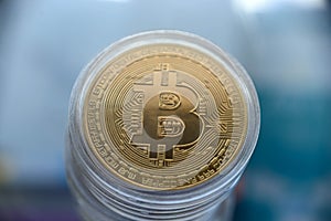 Golden bitcoin close-up. cryptocurrency coin