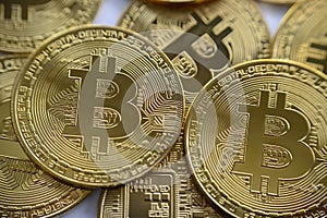 Golden bitcoin close-up. cryptocurrency coin