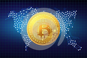 Golden bitcoin coin on the background of the map. Vector illustration