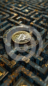 A golden Bitcoin coin on a blue circuit board