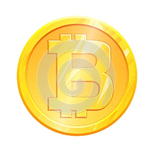 Golden bitcoin coin BTC symbol on white background. World finance investment concept. Exchange Crypto currency Money