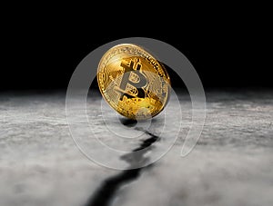Golden bitcoin coin on cracked concrete floor crypto Currency ba