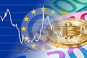 Golden bitcoin coin with euro banknotes and currency exchange