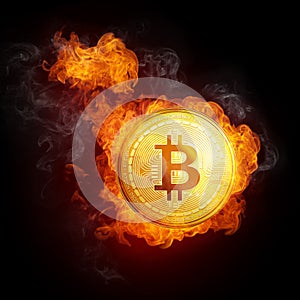 Golden bitcoin coin falling in fire flame.