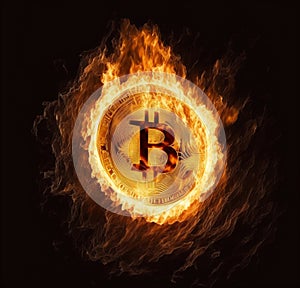 Golden bitcoin coin in fire flame